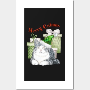 Merry Catmas Cute Cat In Green Santa Hat Posters and Art